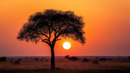 Fototapeta premium Silhouette of a tree at sundown displaying vibrant hues of orange and yellow blending across the expansive sky overlooking the vast grasslands