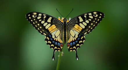 Naklejka premium Stunning close-up of a butterfly with vibrant wings against a blurred green background 