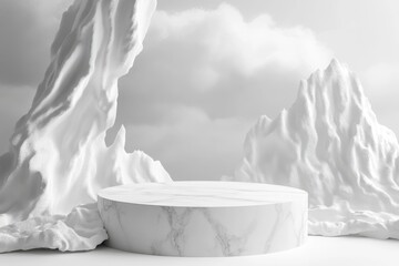 A marble podium stage with white draped fabric and a cloudy sky backdrop for product presentation display