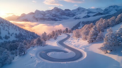 Winding winter road in serene mountain landscape at sunrise or sunset