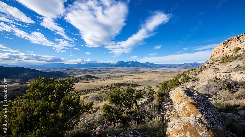 Poster expansive panoramic view of mountains and valleys under a bright blue sky with dramatic clouds : gen