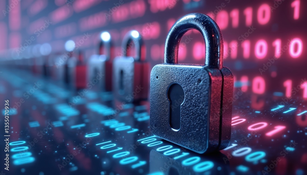 Fototapete Digital lock sign over binary code background, representing big data, encrypted computer code for internet security, privacy concepts. Illustration cyber safety, protection, network access,