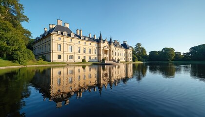 Fototapeta premium Drottningholm Palace reflected in calm water. Majestic building surrounded by green trees, nature. Swedish royal heritage, travel destination. Landmark architecture on lake shore in scenic area.