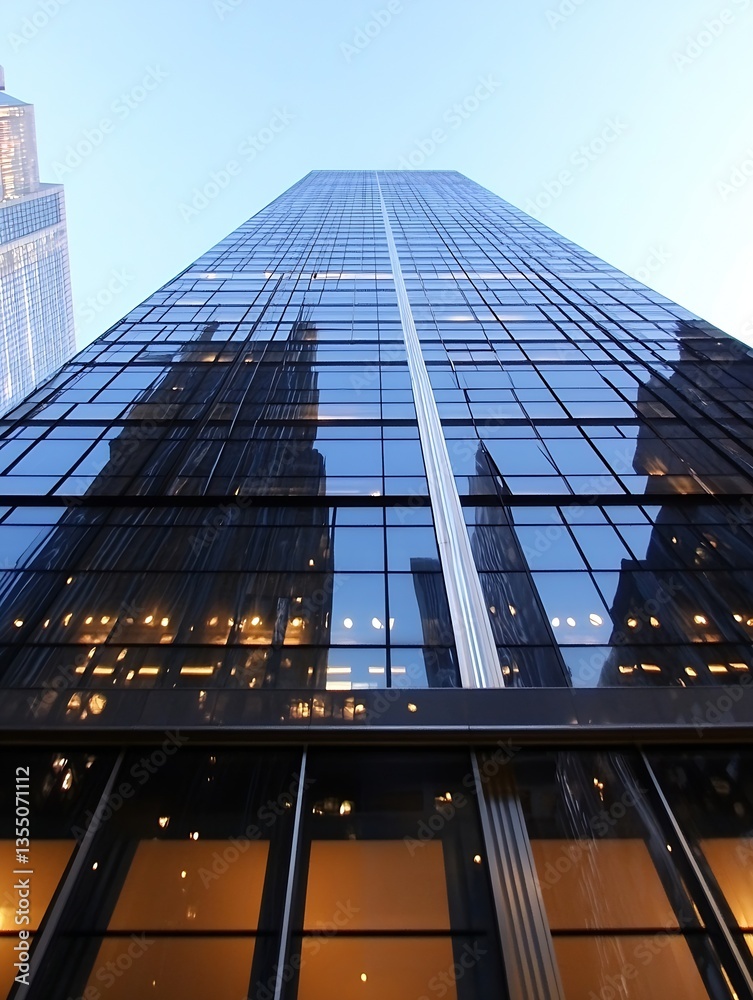 Poster impressive reflections on a tall glass skyscraper in a bustling city setting : generative ai