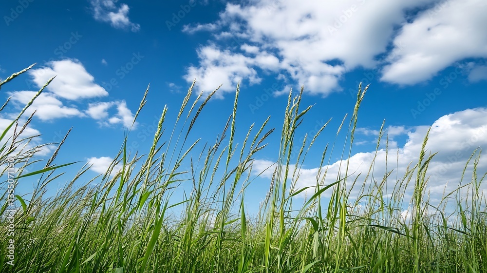 Poster vibrant green grass field under a bright blue sky with fluffy white clouds in an open landscape : ge