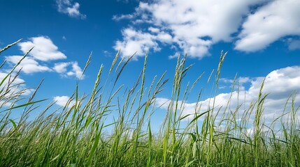 Obraz premium Vibrant green grass field under a bright blue sky with fluffy white clouds in an open landscape : Generative AI