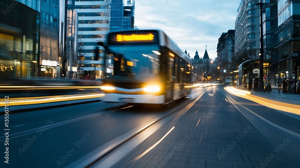 Aufkleber urban scene with a moving bus illuminated by city lights during twilight hours : generative ai