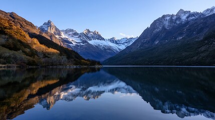 Peaceful mountain landscape featuring a serene lake reflecting majestic peaks and autumn colors : Generative AI