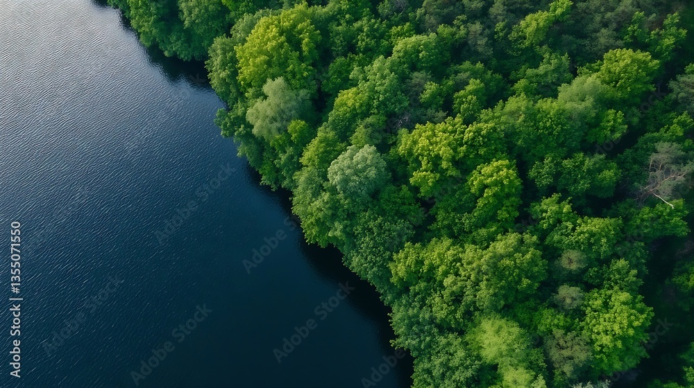 Poster aerial view of lush green trees along the edge of a calm and serene lake during a sunny day : genera