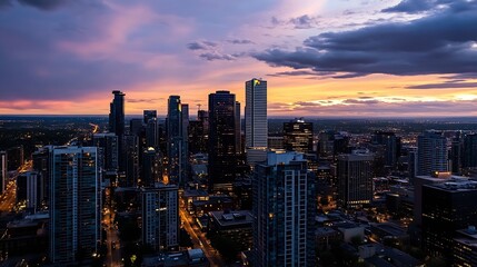 Fototapeta premium Breathtaking Sunset Over Modern City Skyline with Cloudy Evening Sky : Generative AI
