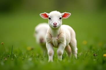 Fototapeta premium A lamb grazes in a green meadow. The concept of farming, agriculture