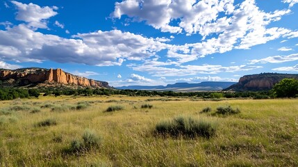 Obraz premium Expansive grassland landscape showcasing dramatic rock formations and blue skies : Generative AI