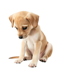 Obraz premium Cute puppy sitting on the floor, looking down with its head tilted to one side, on Png Format and Transparent Background