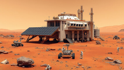 space base on mars, space exploration, another planet of the solar system, high tech architecture, science fiction, solar panels, dome, mars rover, building in the red desert, dune, Martian landscape