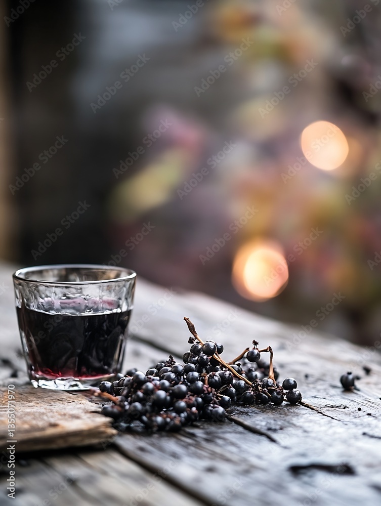 Aufkleber Glass of dark berry juice on rustic wooden table with fresh berries for a refreshing drink : Generative AI