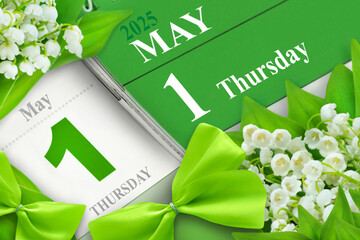 Green calendar 2025  May 1  Thursday and flowers