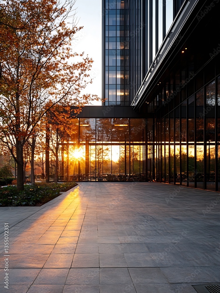 Poster contemporary architectural building with sunset reflecting through large glass windows and vibrant a