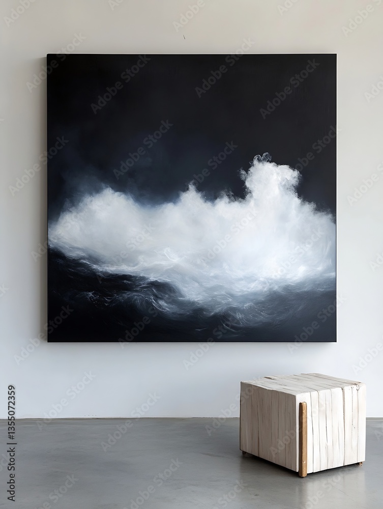 Poster abstract painting of crashing waves with dramatic contrasts of black and white displayed in a modern