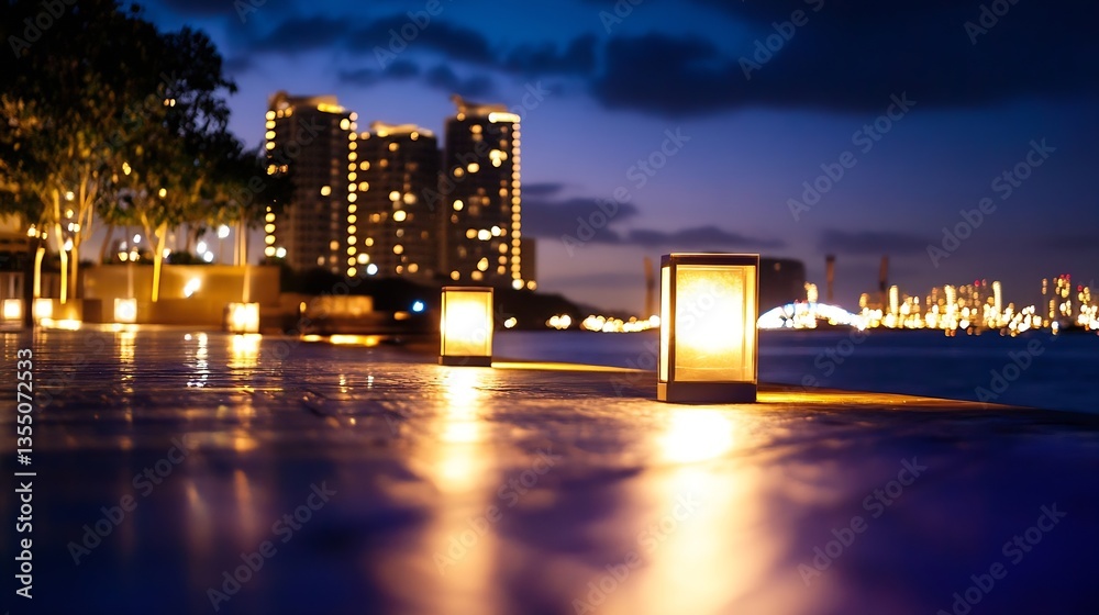 Poster serene night view with lanterns lining the waterfront against a city skyline background : generative