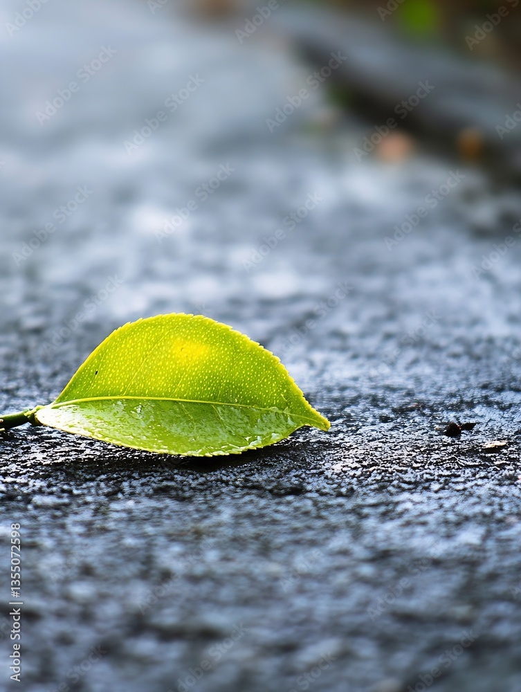 Aufkleber single green leaf with dew resting on a textured surface reflecting freshness and natural beauty : g