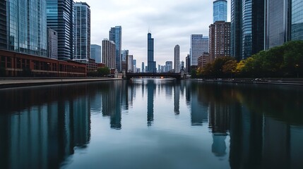 Fototapeta premium Tranquil Reflection Of Skyscrapers In A Calm River On A Cloudy Day In The City : Generative AI