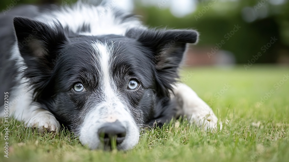 Poster close up portrait of a relaxed black and white border collie lying on green grass in a peaceful outd