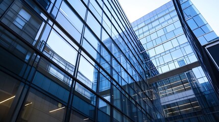 Contemporary Office Building Facade Featuring Reflective Glass Windows Under Clear Sky : Generative AI