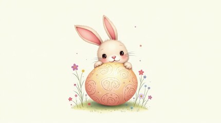 Obraz premium Cute Easter Bunny Holding a Decorated Egg