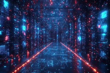 Digital tunnel of glowing data streams