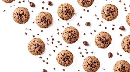 A row of chocolate chip cookies with chocolate chips scattered on the table