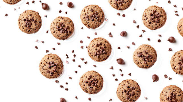 A row of chocolate chip cookies with chocolate chips scattered on the table