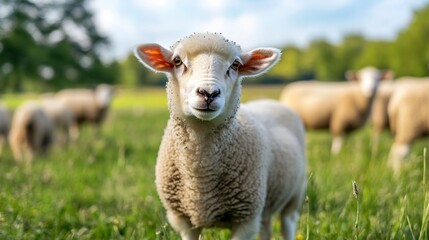 Obraz premium Cute young sheep standing in a sunny green pasture with other sheep in the background : Generative AI