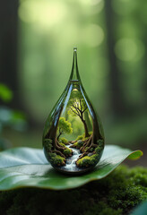 Water droplet containing miniature forest reflecting nature's beauty  