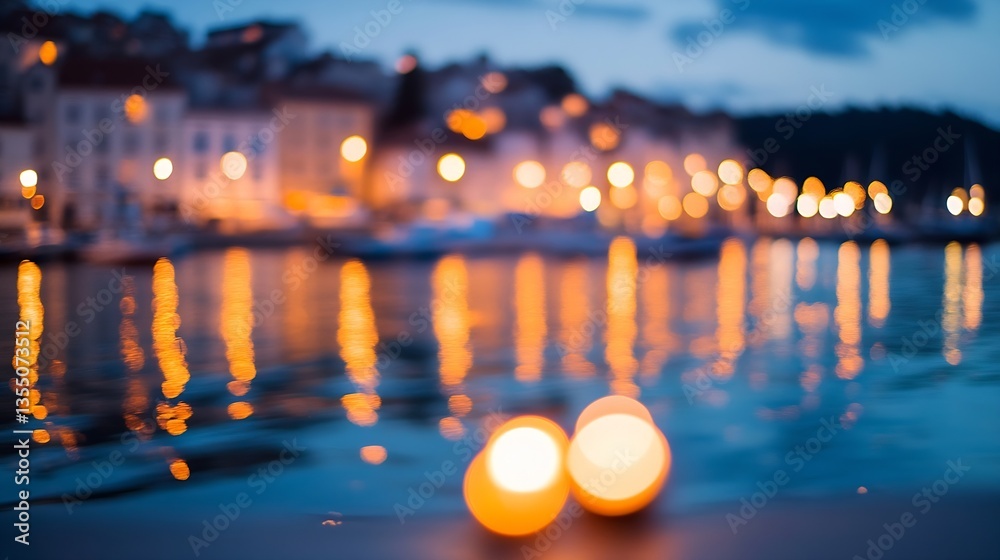 Aufkleber beautiful evening waterfront view with warm lights and reflections on calm water : generative ai