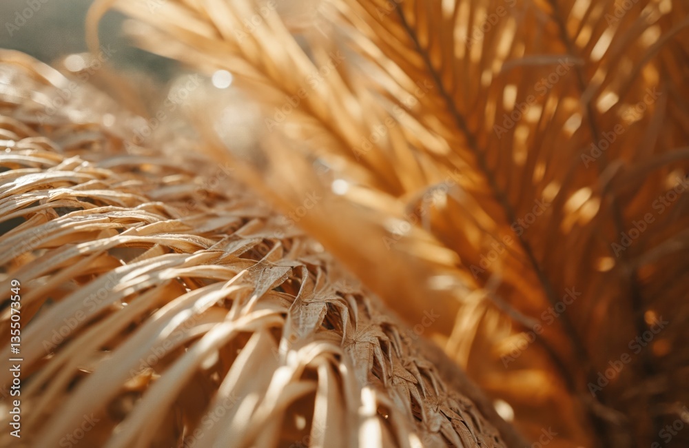 Aufkleber close-up shot dried palm leaves with intricate woven texture. natural brown pattern creates abstract