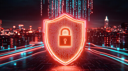 Digital Security Shield Lock in the Night City Protecting Data With High Tech Data Protection