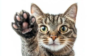 Obraz premium Tabby Cat Reaching Out with Paw in Studio with White Background