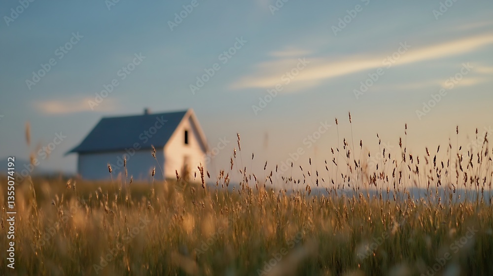 Poster charming rural house nestled in a golden field during sunset with soft light : generative ai