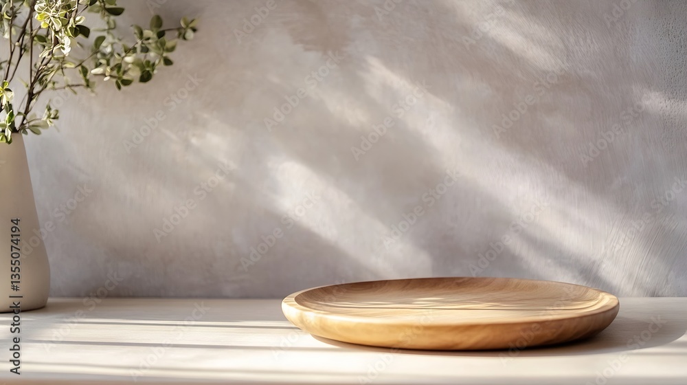 Fototapete Elegant wooden plate on a minimalist table with soft light creating beautiful shadows : Generative AI