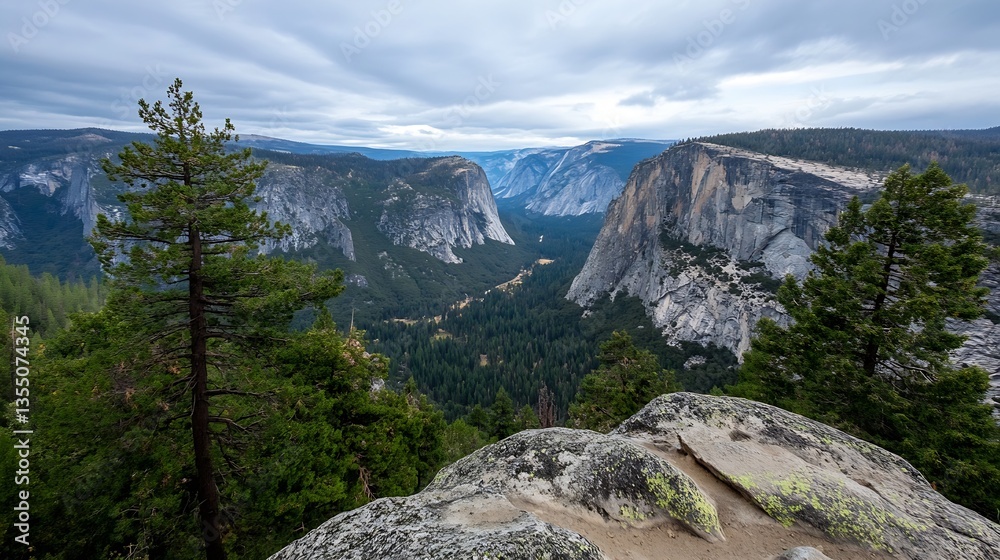 Aufkleber breathtaking view of yosemite valley showcasing towering cliffs and lush trees under a cloudy sky : 