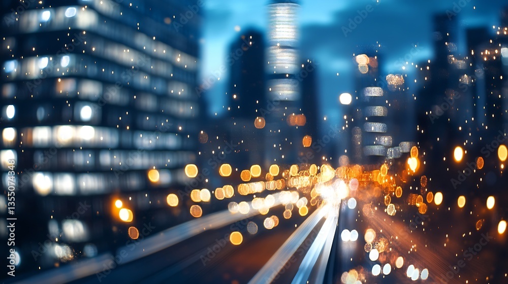 Poster abstract night cityscape with blurred lights and rain drops creating a dreamy atmosphere and vibrant