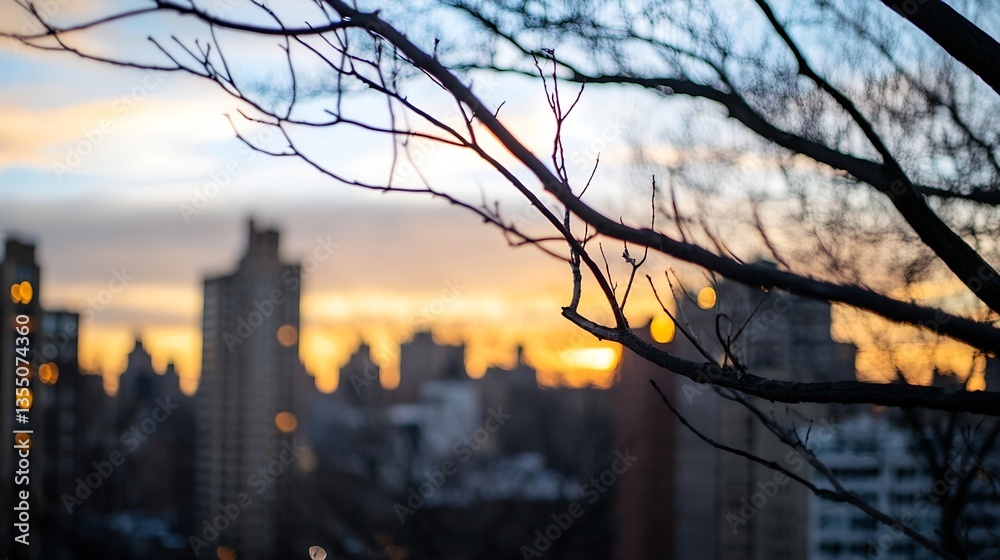 Poster Captivating city skyline silhouette viewed through bare branches at sunset creating a dramatic scene : Generative AI