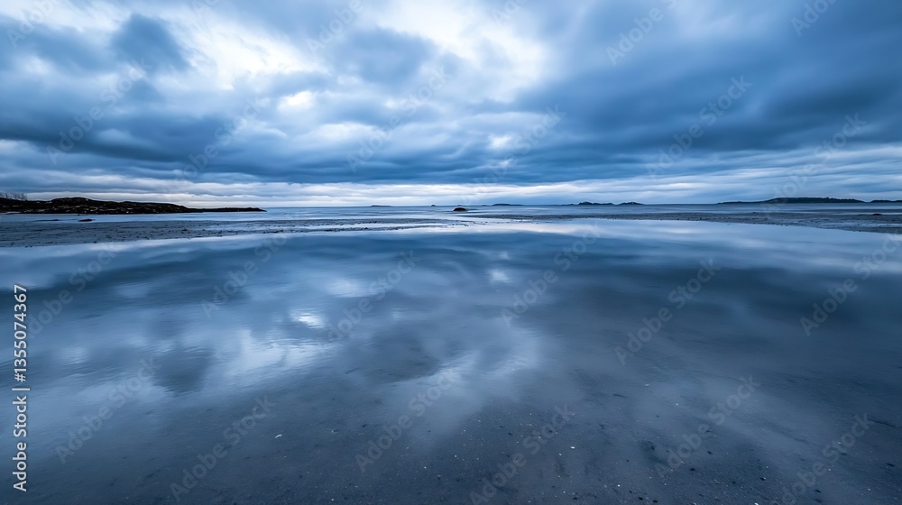Poster a reflective seascape captures the dramatic clouds and shimmering water at twilight : generative ai