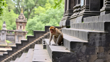 monkey on temple steps in thailand, jungle, tropics, wild animal, primate, monkey, asia, vietnam, stone architecture