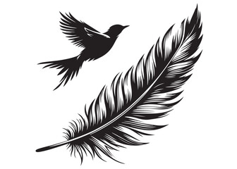 Obraz premium vector silhouette of a feather with flying bird logo, feather with flying bird logo icon, feather with bird logo design black animal, black feather with flying bird silhouettes on white background