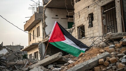 Palestinian flag in the rubble