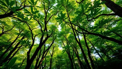 Fototapeta premium Lush Green Forest Canopy Perspective Sunlight Through Tree Branches Nature Scenery