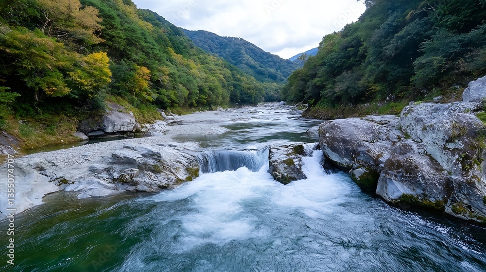 Aufkleber serene landscape of tranquil river flowing through lush green forest setting : generative ai