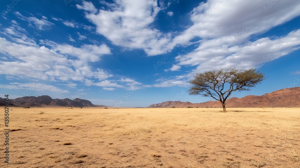 Poster solitary tree standing in expansive dry landscape under blue sky and floating clouds : generative ai