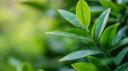 Obraz premium Fresh green leaves in nature with a blurred background highlighting the beauty and vibrancy of natural foliage : Generative AI